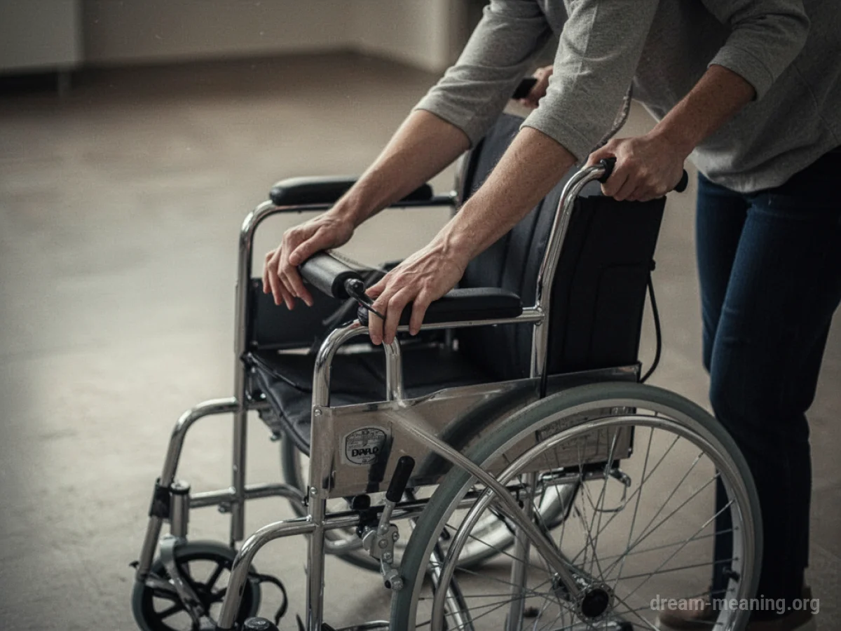 Hands pushing the handles of an empty wheelchair.