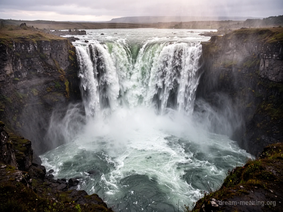 A powerful waterfall with turbulent water crashing down.