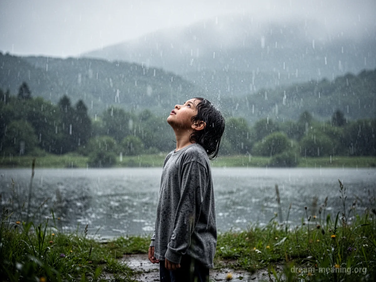 A person standing in a gentle rain shower.