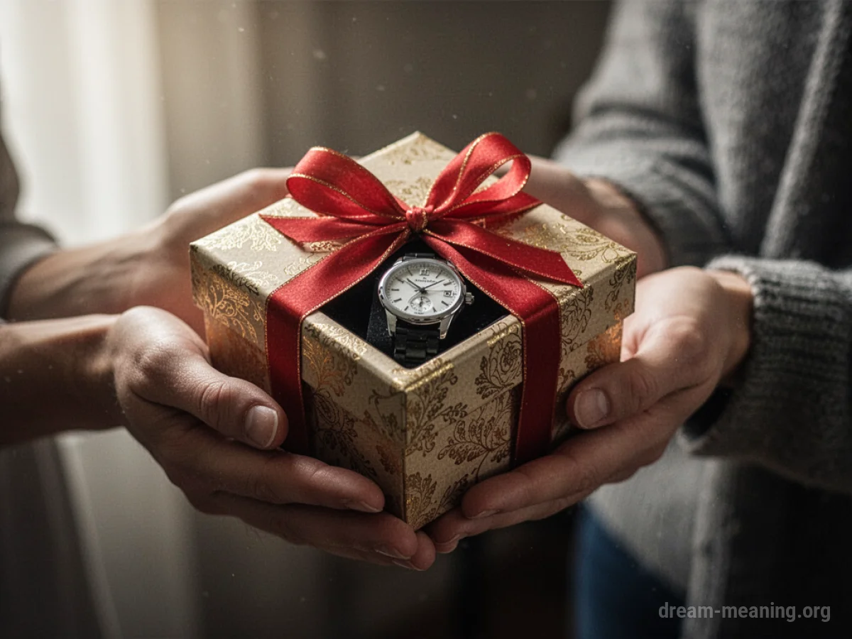 Hands holding a gift box with a watch inside.