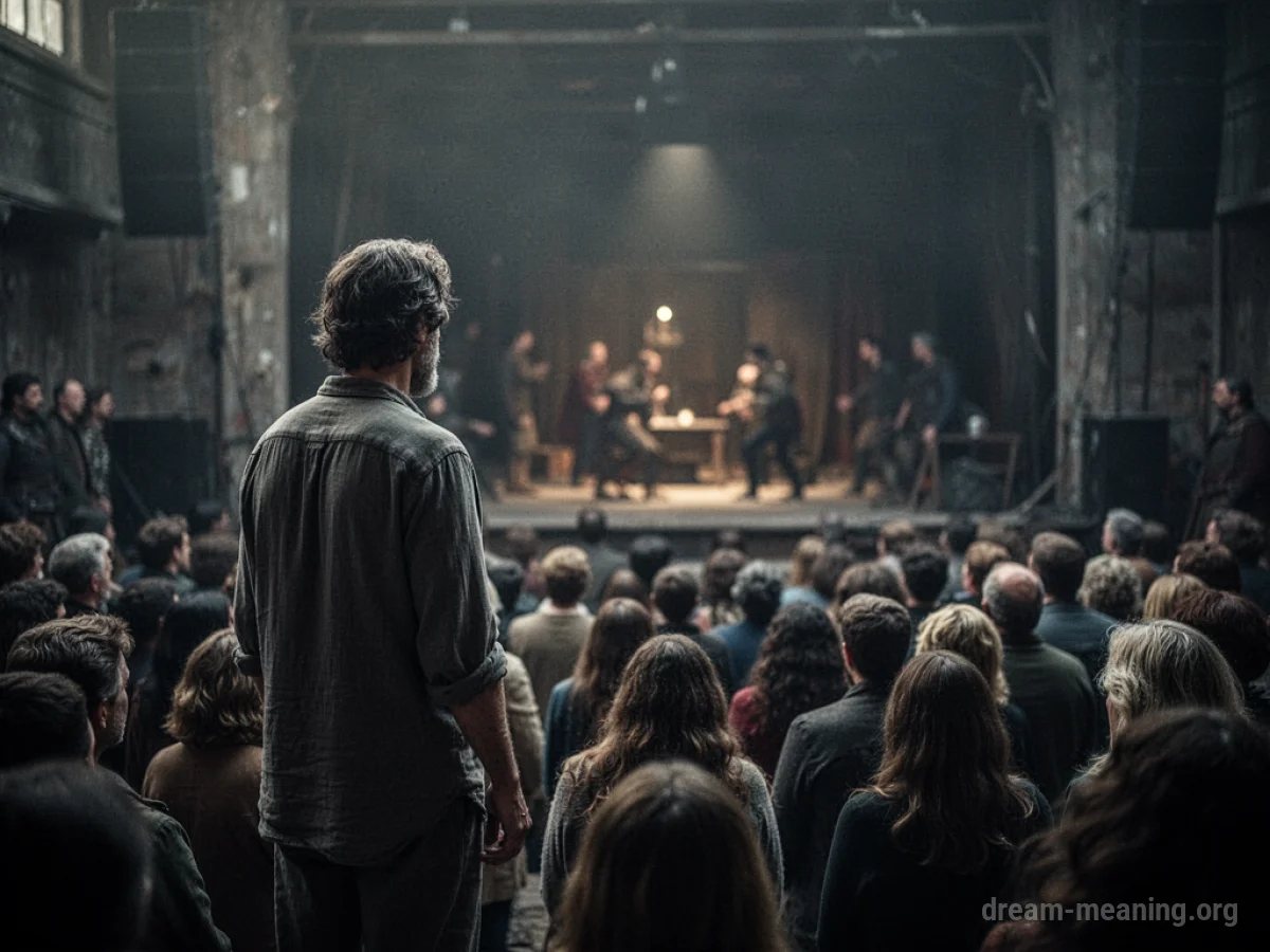 A person stands apart from a group, observing a distant event with their back turned.
