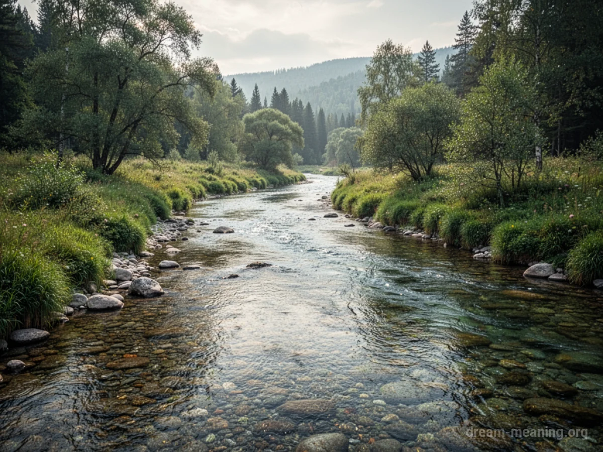 A clear river flowing through a green landscape.