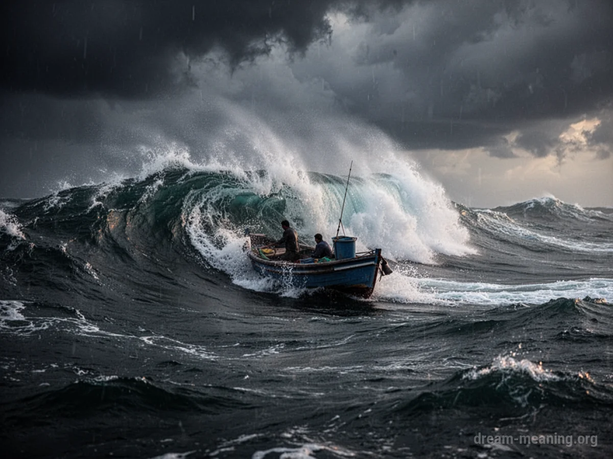 A small boat being tossed by large waves in a stormy sea.
