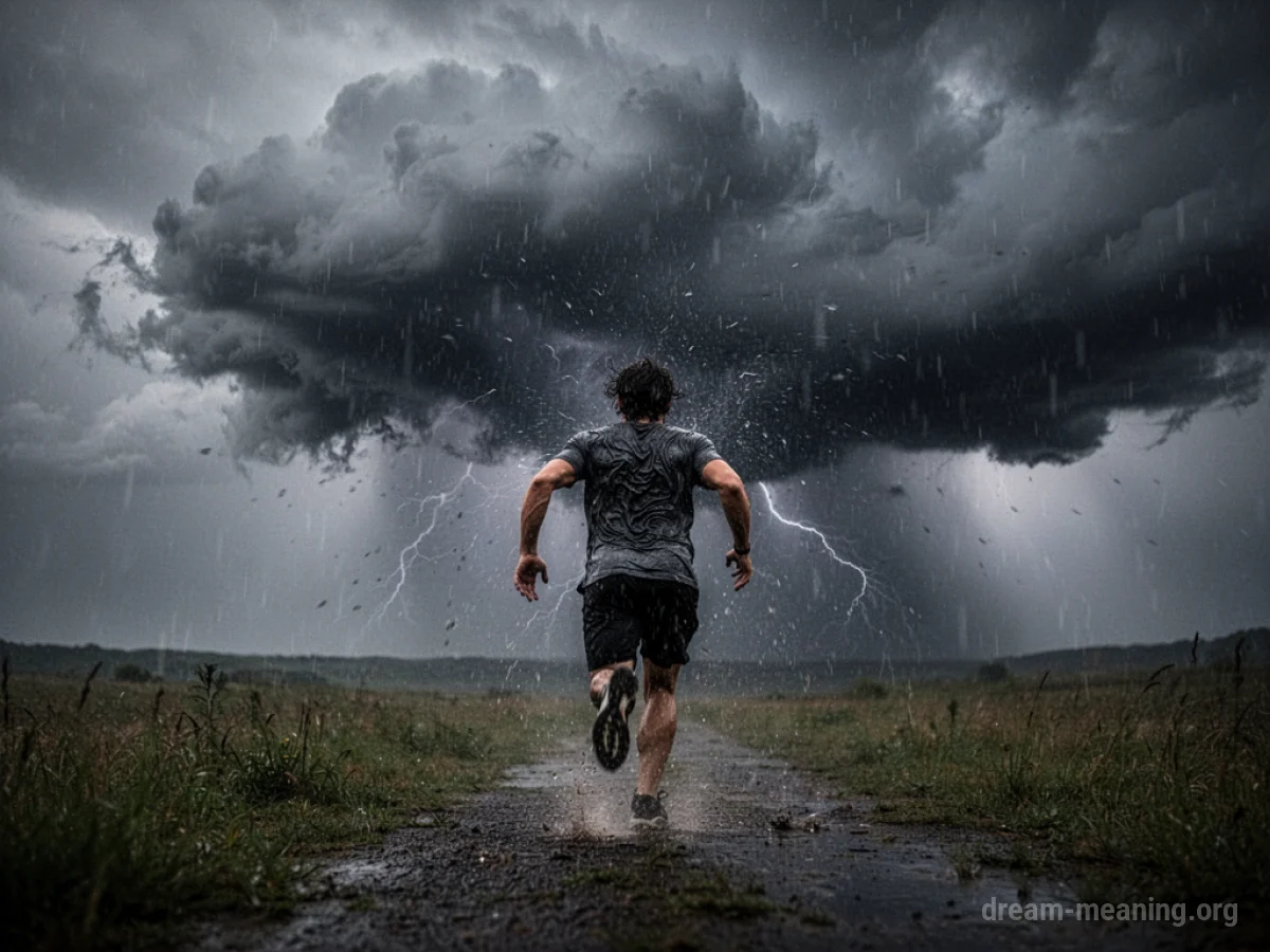 Silhouette of a person running away from a dark storm cloud.