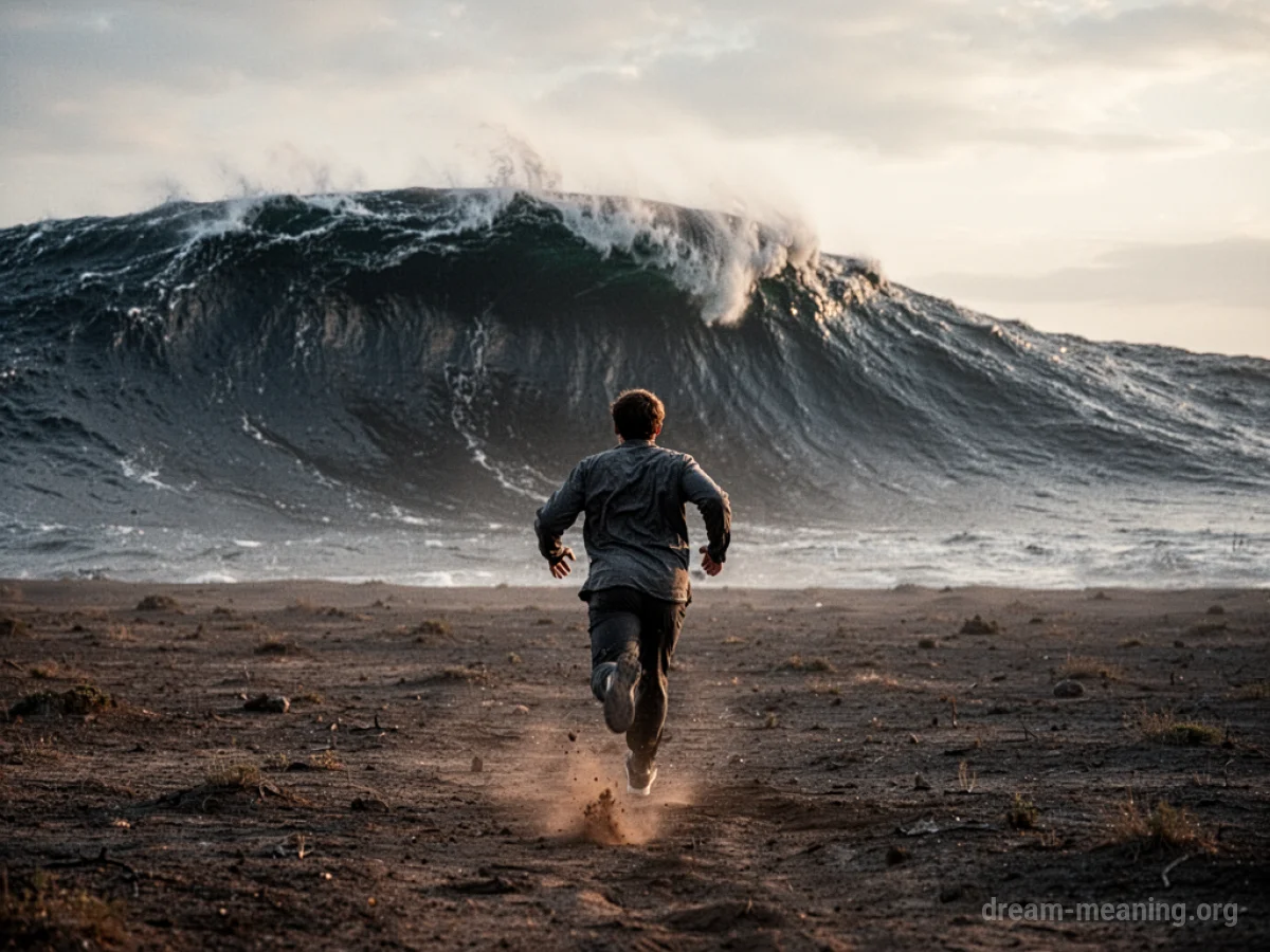 Silhouette of a person running away from a giant wave.