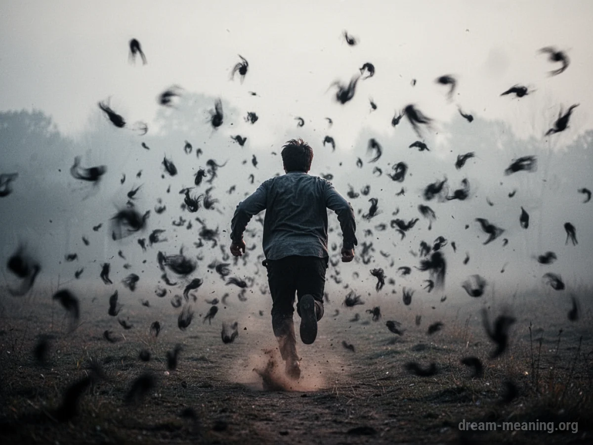 Silhouette of a person running away from a cluster of indistinct flying shapes.
