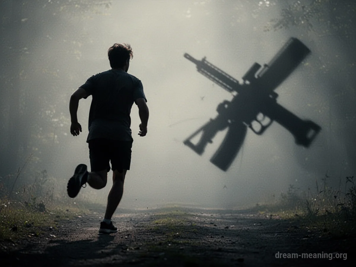 Silhouette of a person running away from a distant, abstract dark shape.