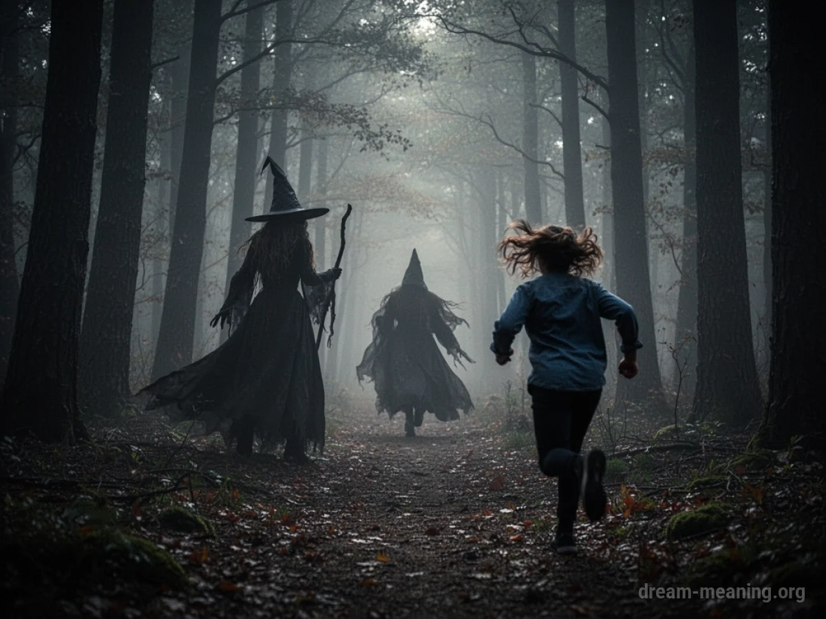 A person running away from a witch figure in a dark, misty forest.
