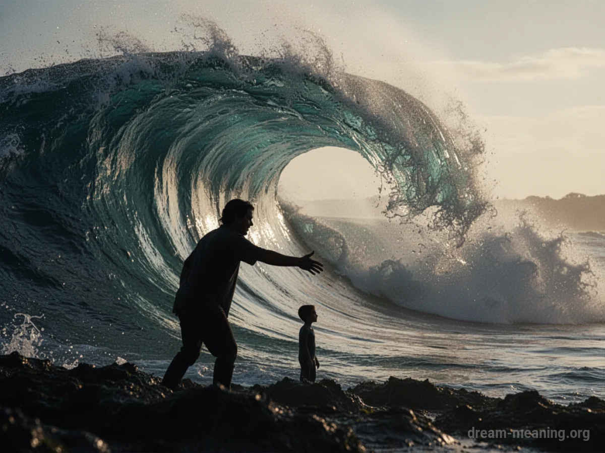 Silhouette of a person reaching for a child with a large wave in the background.