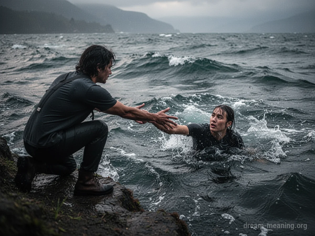A figure on a bank extending a hand to someone struggling in choppy water.
