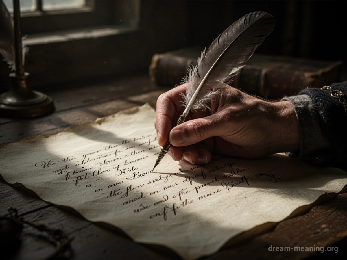 A hand holding a quill pen, writing on a piece of parchment.
