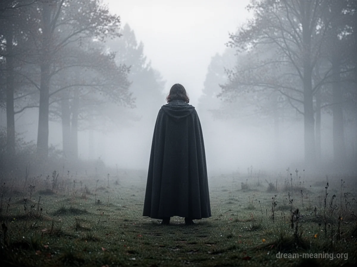 A shadowy figure in a hooded cloak stands in a misty forest.