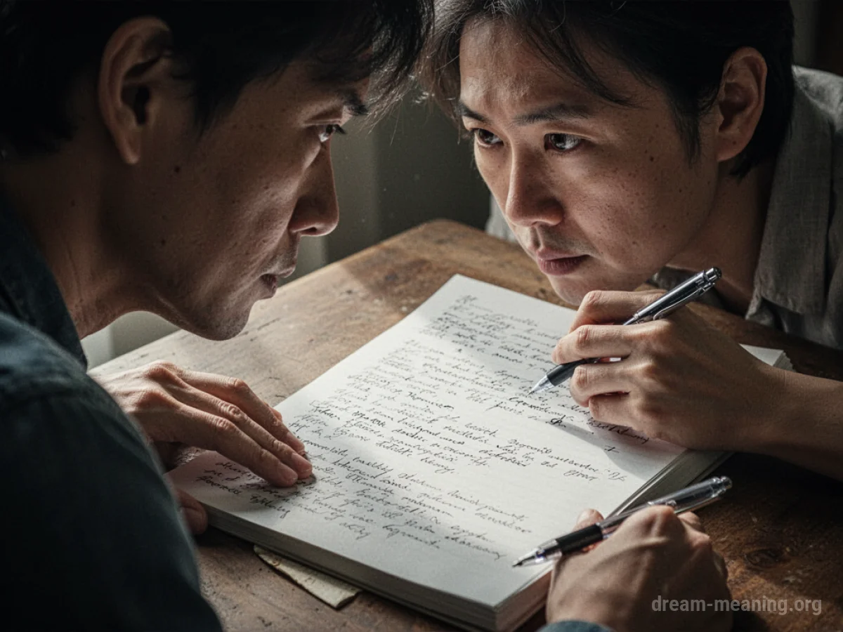 A close-up of a handwritten document with a pen resting beside it.