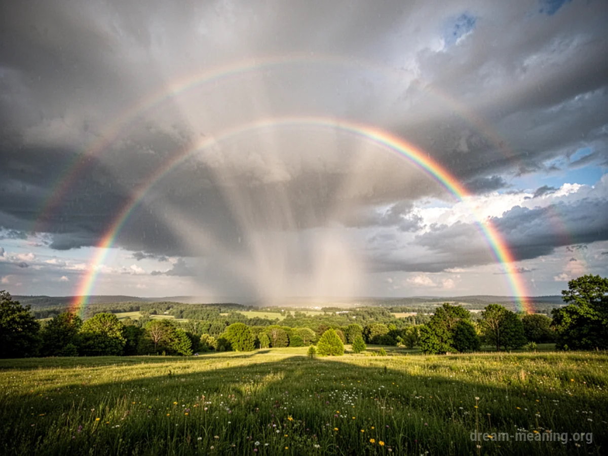 A bright rainbow stretching across a partly cloudy sky.