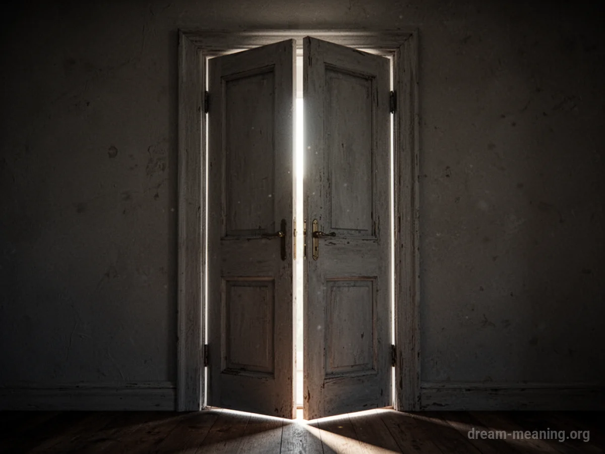 A door slightly ajar with light coming through the crack.