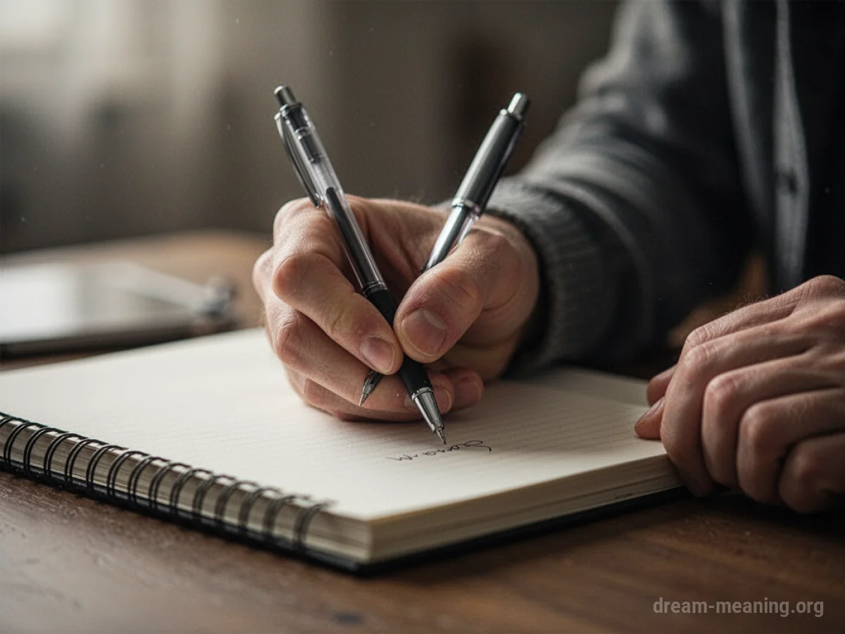 A hand holding a pen and writing in an open notebook.