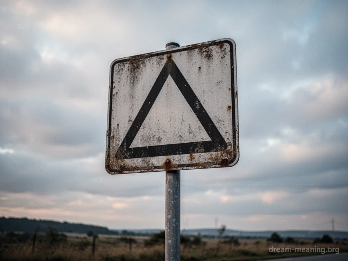 A weathered road sign displaying a warning symbol.