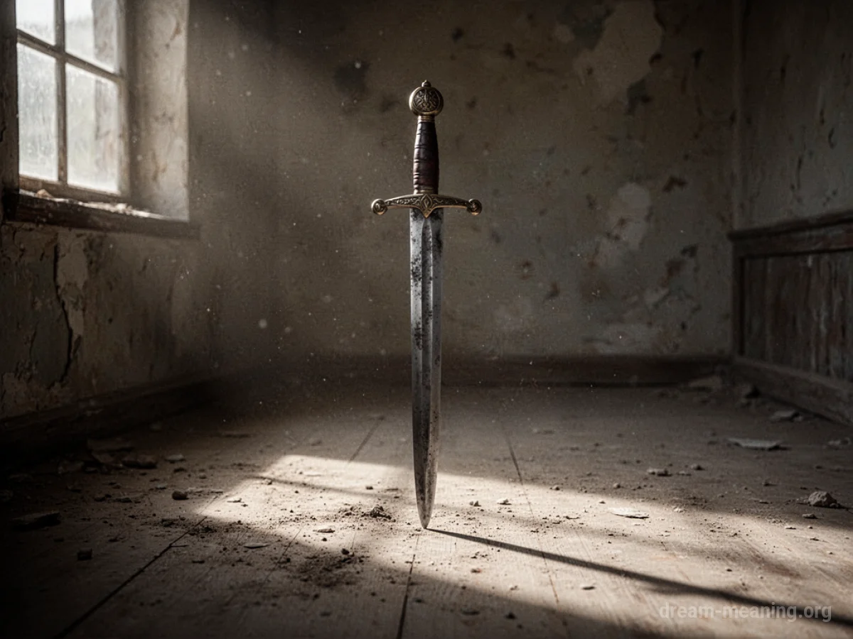 An antique sword standing in a dark room.