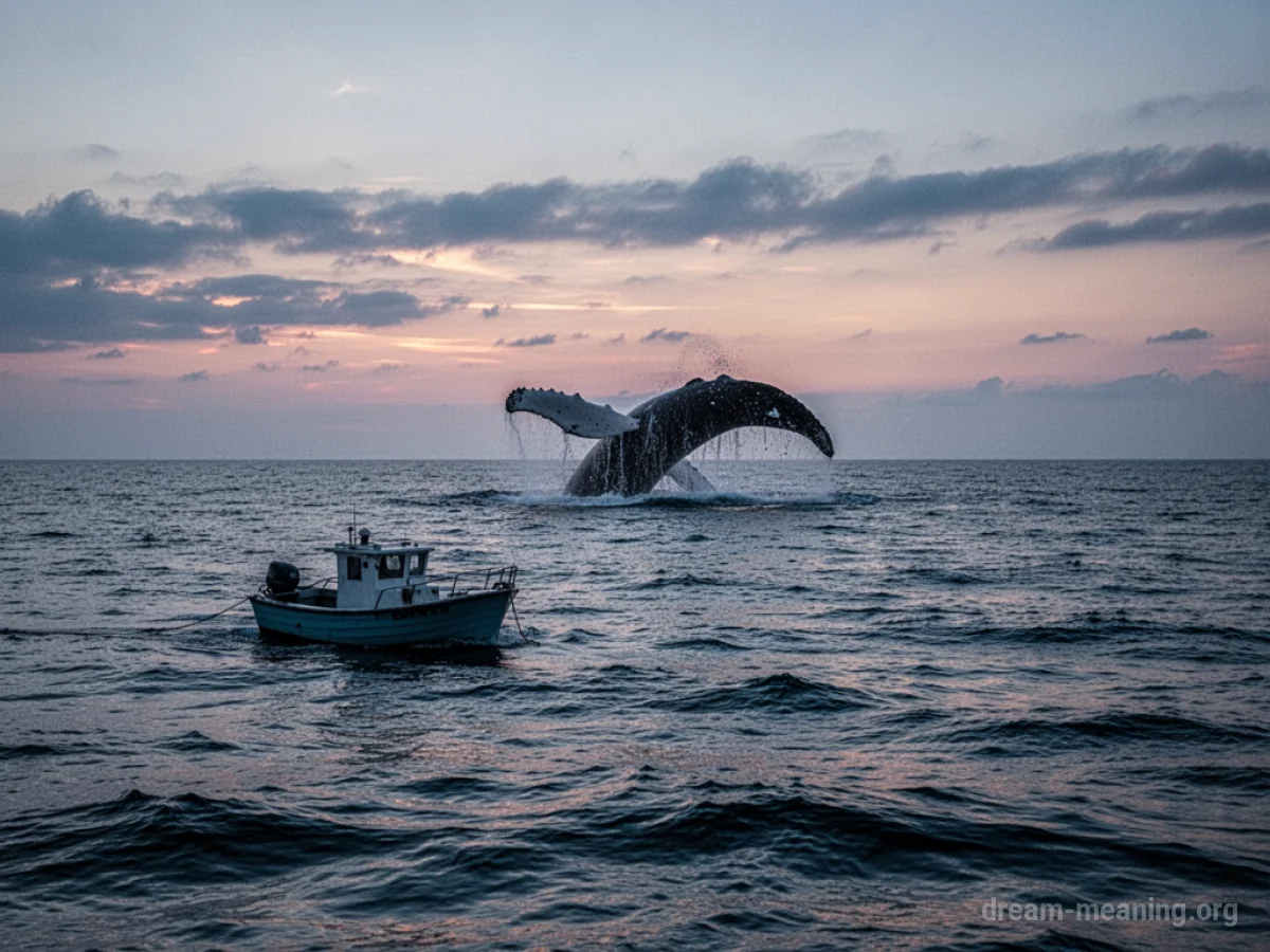 A small boat on a large ocean with a distant whale silhouette.
