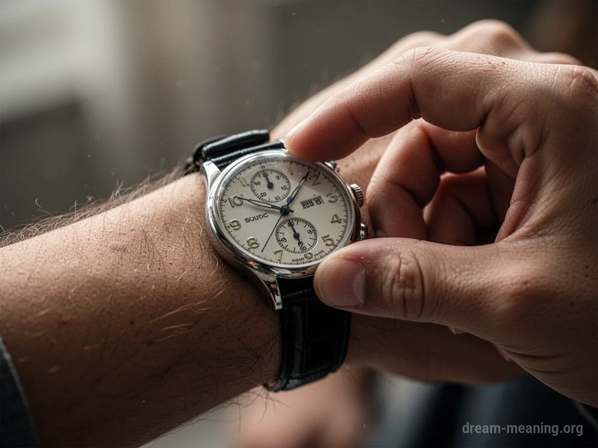 A person's hand is shown adjusting the crown of a wristwatch.