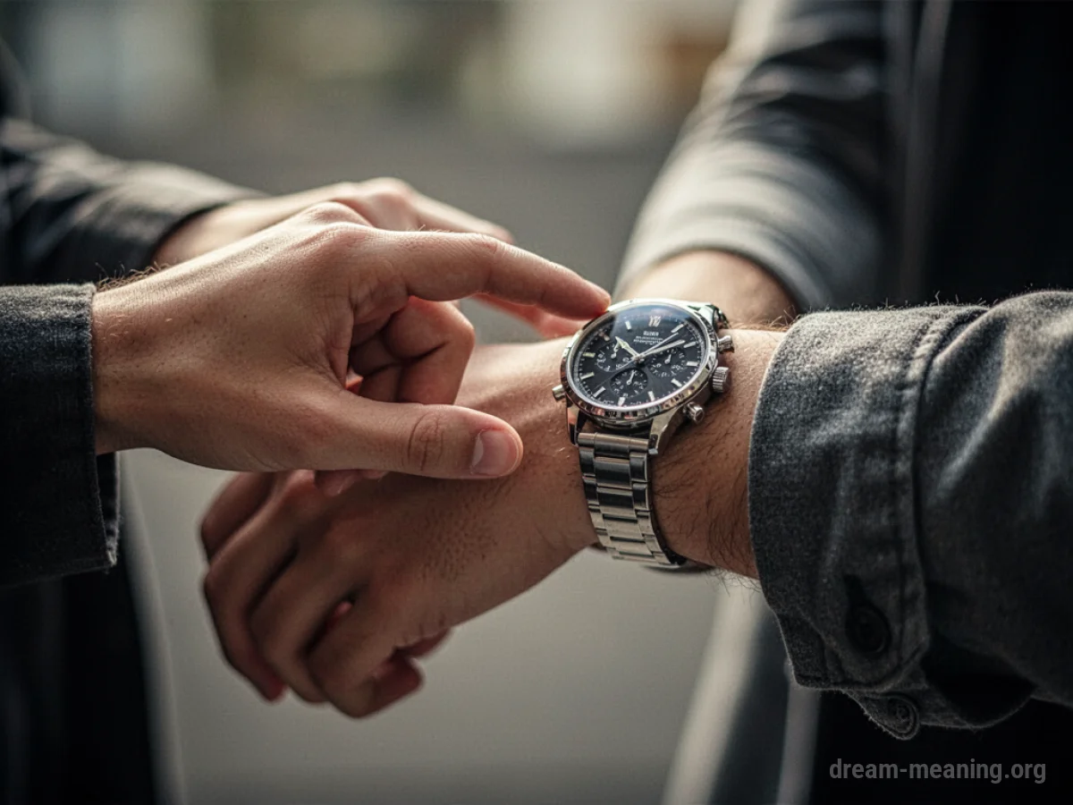 A hand points to a wristwatch on another person's wrist.