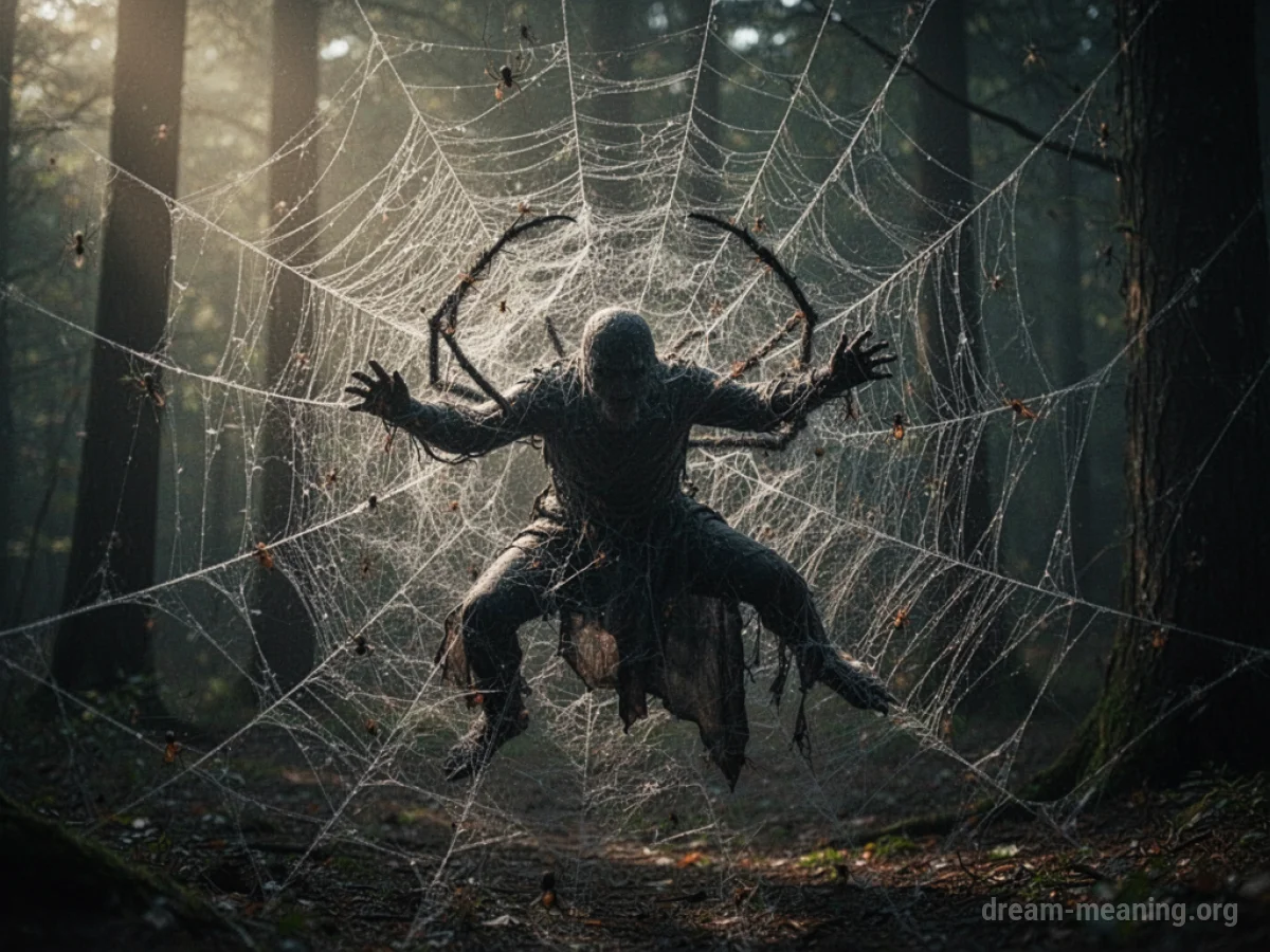 A silhouetted figure ensnared in a large spider's web.