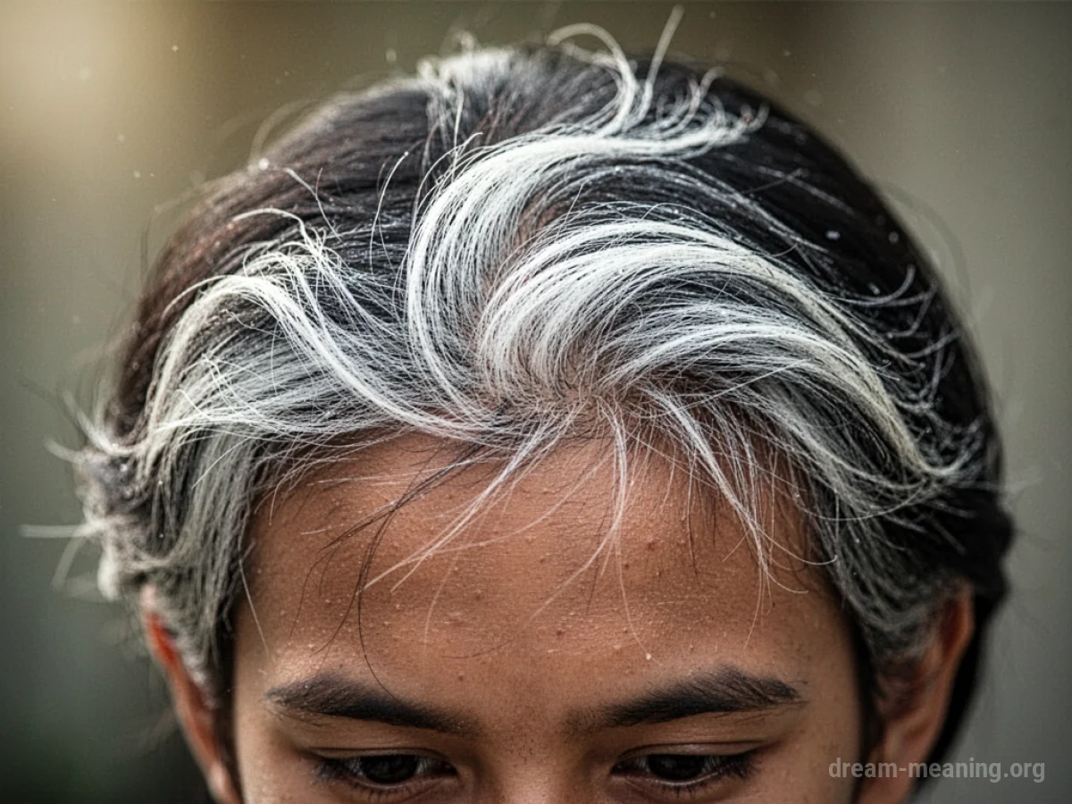 Close-up of a person's hair showing white strands mixed with darker hair.