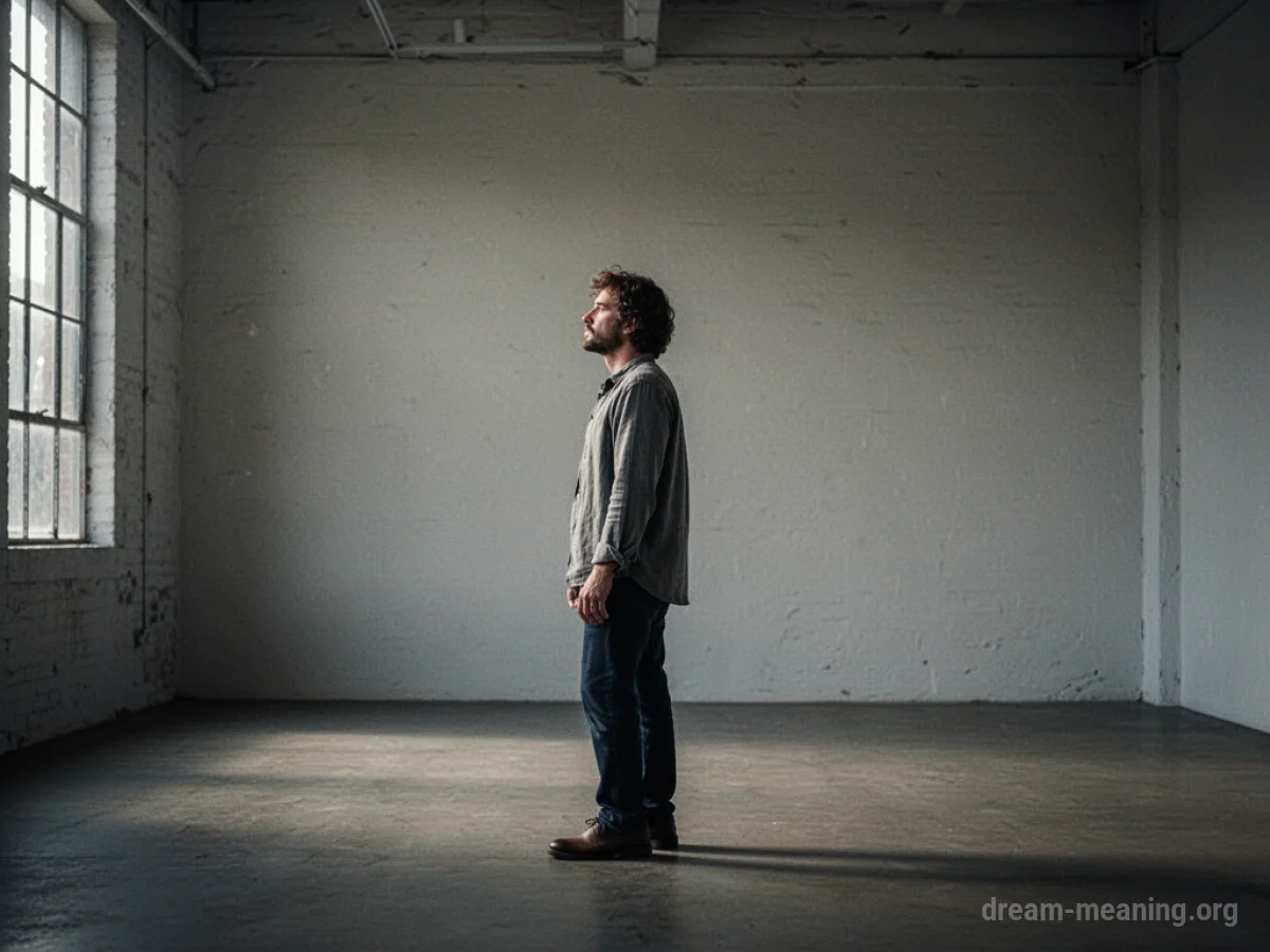 A person stands alone in an empty, dimly lit room.