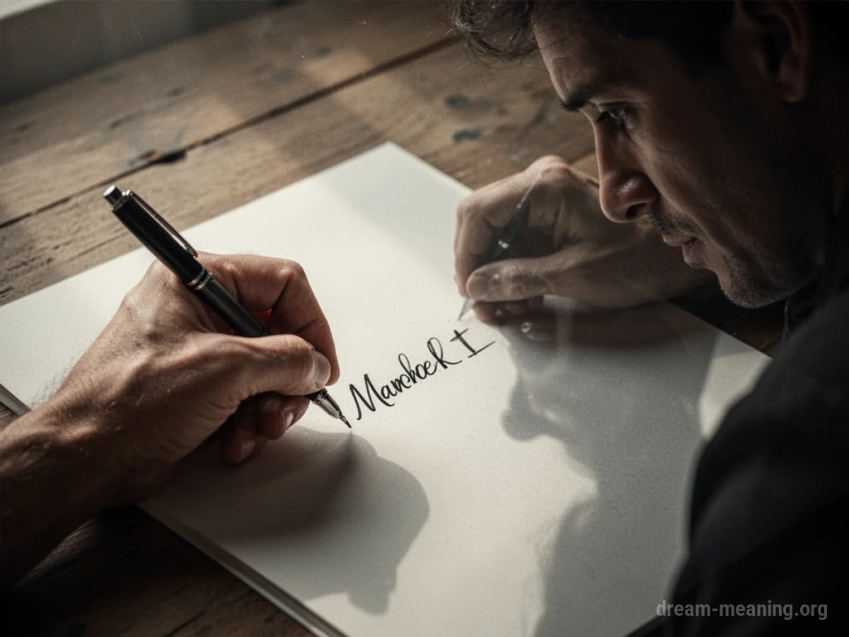 A hand writing a name onto a piece of paper, with a blurred silhouette of a person in the background.