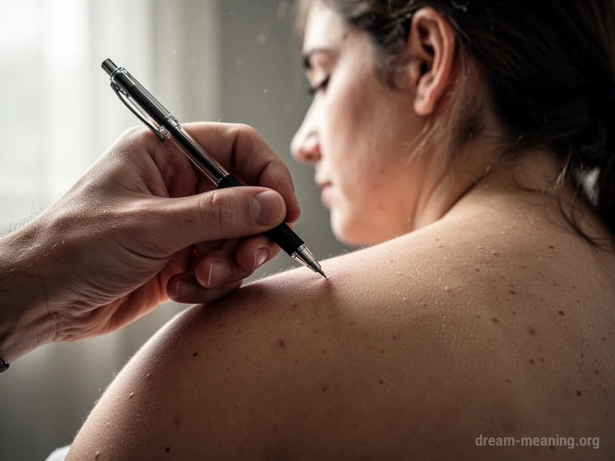 A hand with a pen hovering over a person's back.