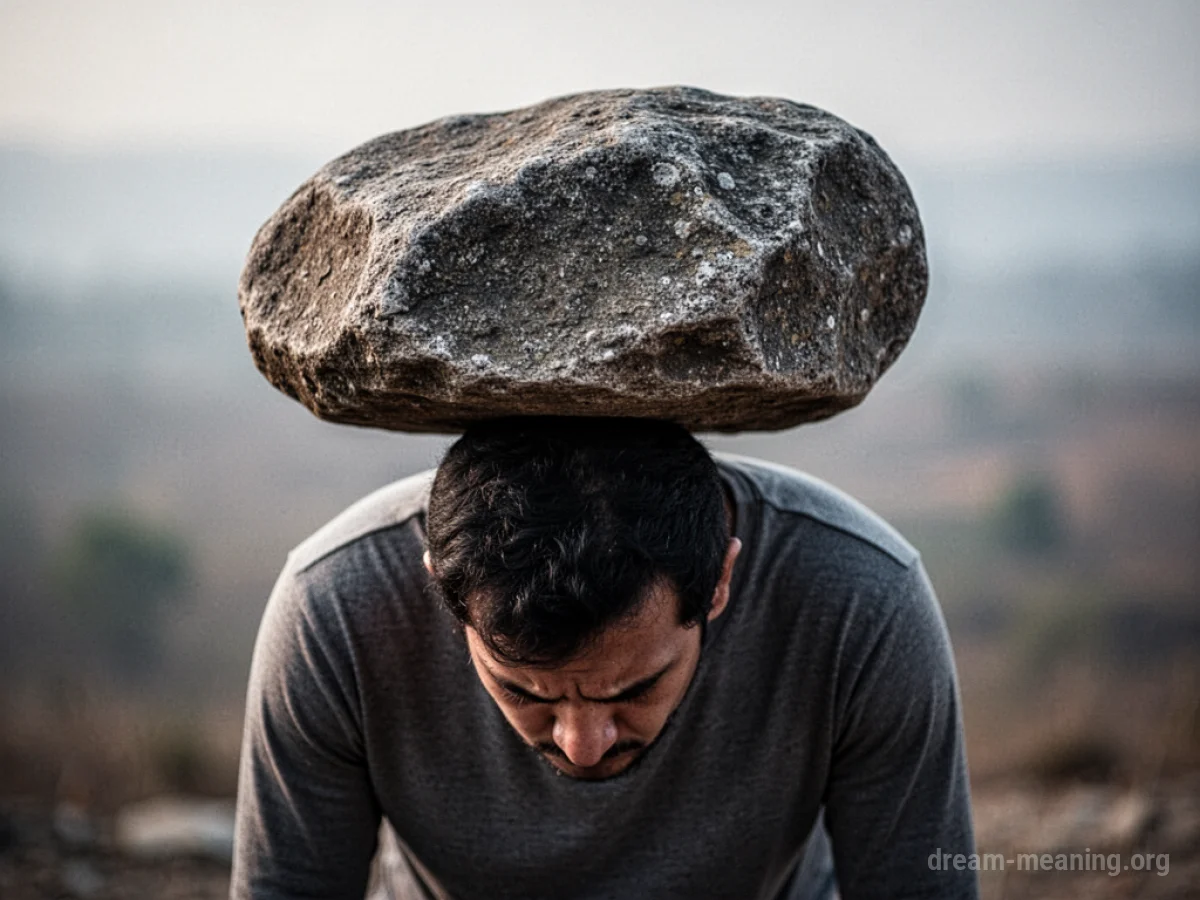 A person with a large stone on their shoulders, stooping forward.