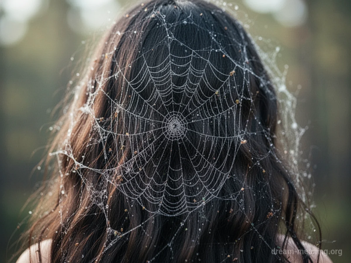 A fine spider web interwoven with strands of dark hair.