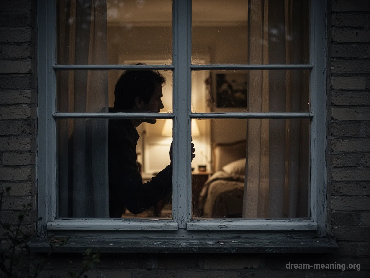 Silhouette of a person looking through a glass window from outside.
