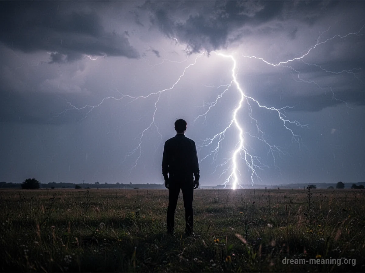 A silhouette of a person in a field as lightning strikes nearby.