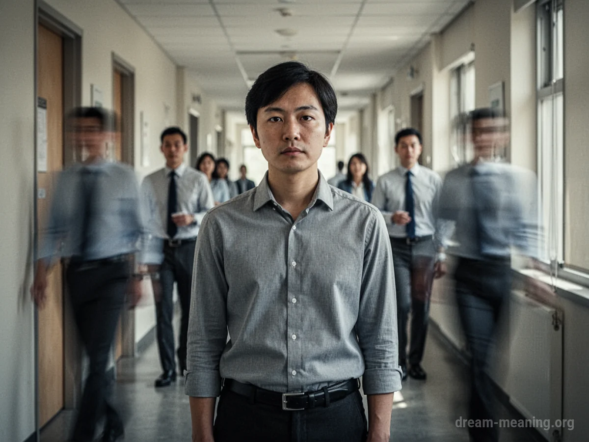 A person frozen in a busy office hallway.