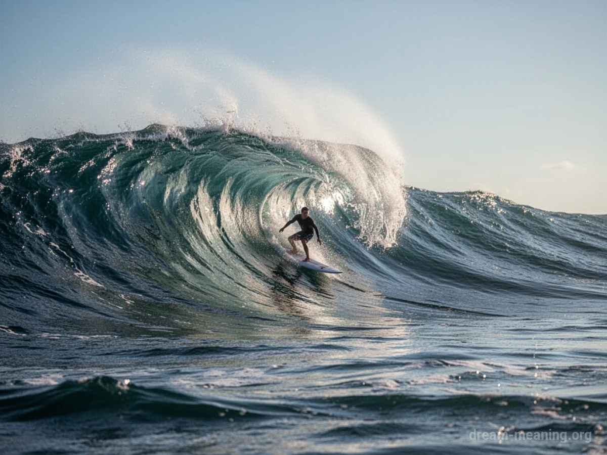 A person on a surfboard riding the peak of a large ocean wave.