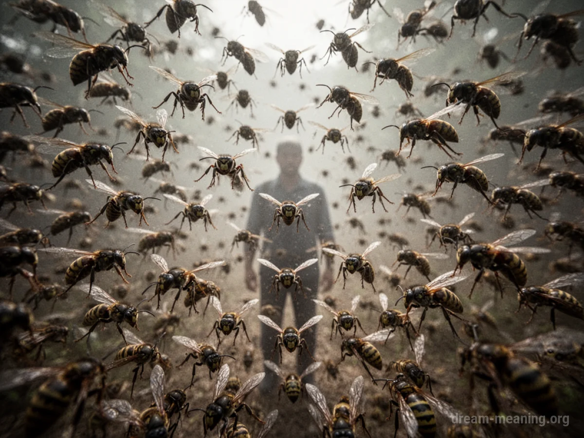 A dark cloud of abstract wasp shapes against a muted background with a small human figure in the distance.