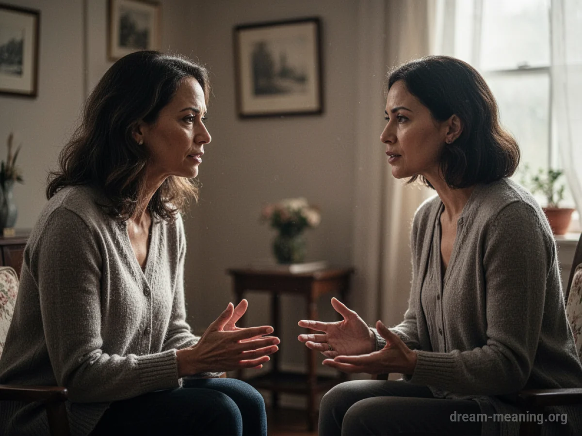 A woman and another figure in conversation.
