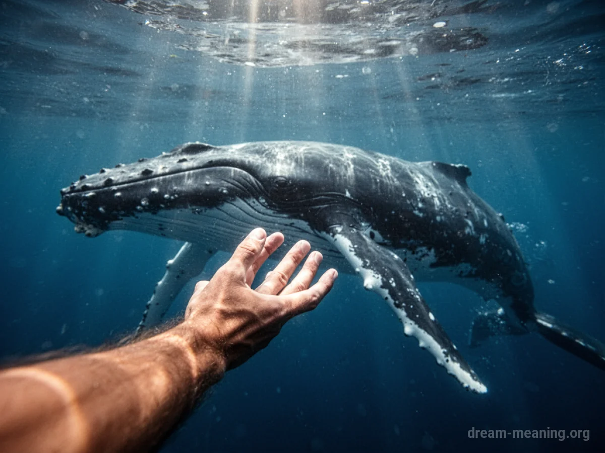 A human hand touches the side of a large whale underwater.