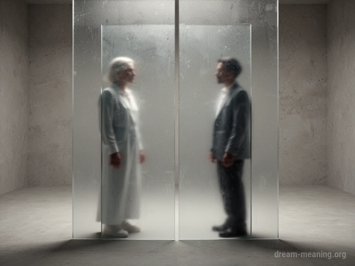 A semi-transparent wall separating two indistinct figures.