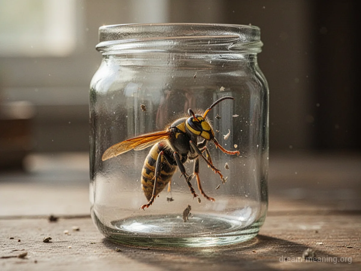 A wasp flailing inside a glass jar.