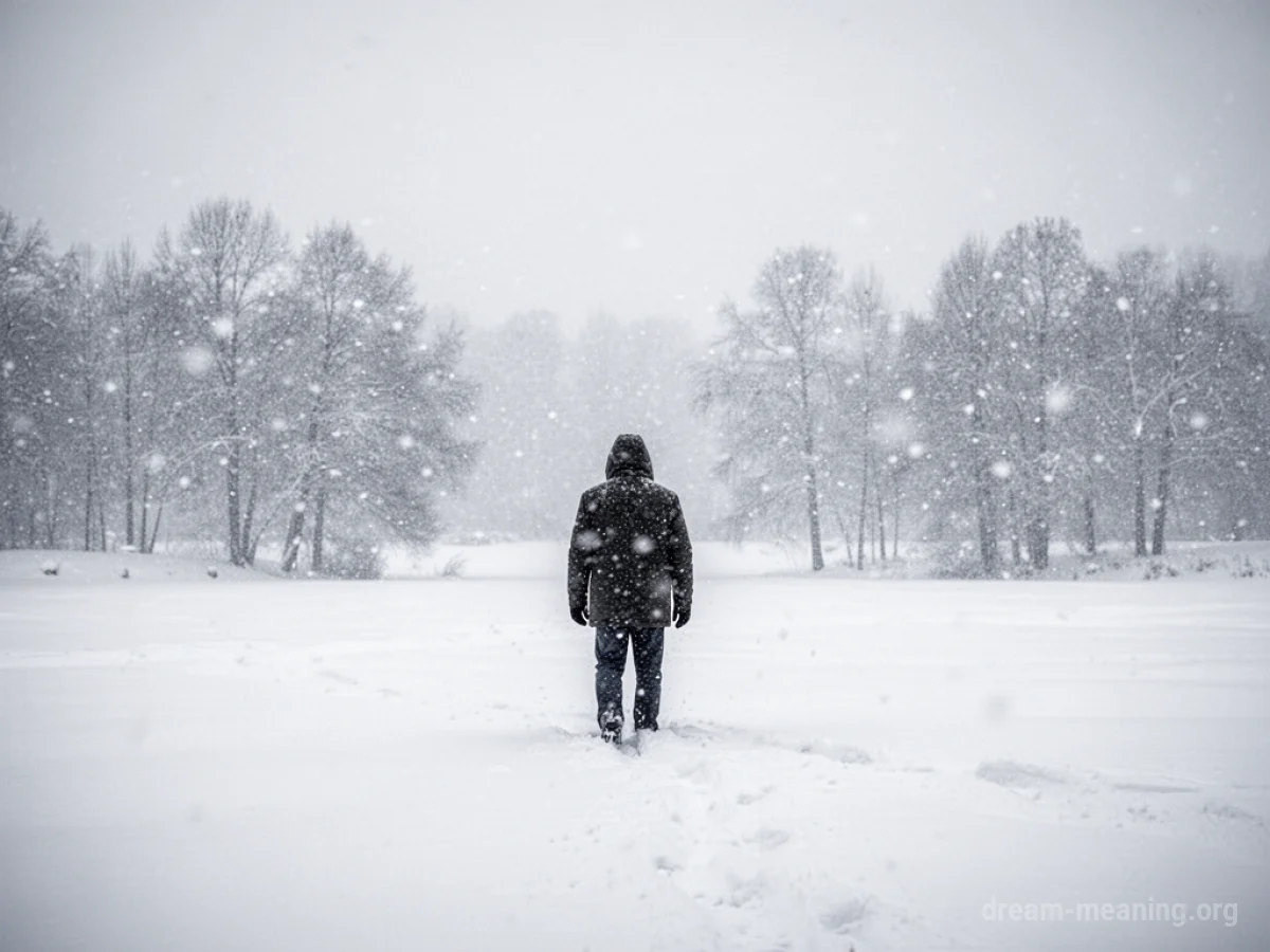 A person surrounded by heavy snowfall in a white, indistinct landscape.