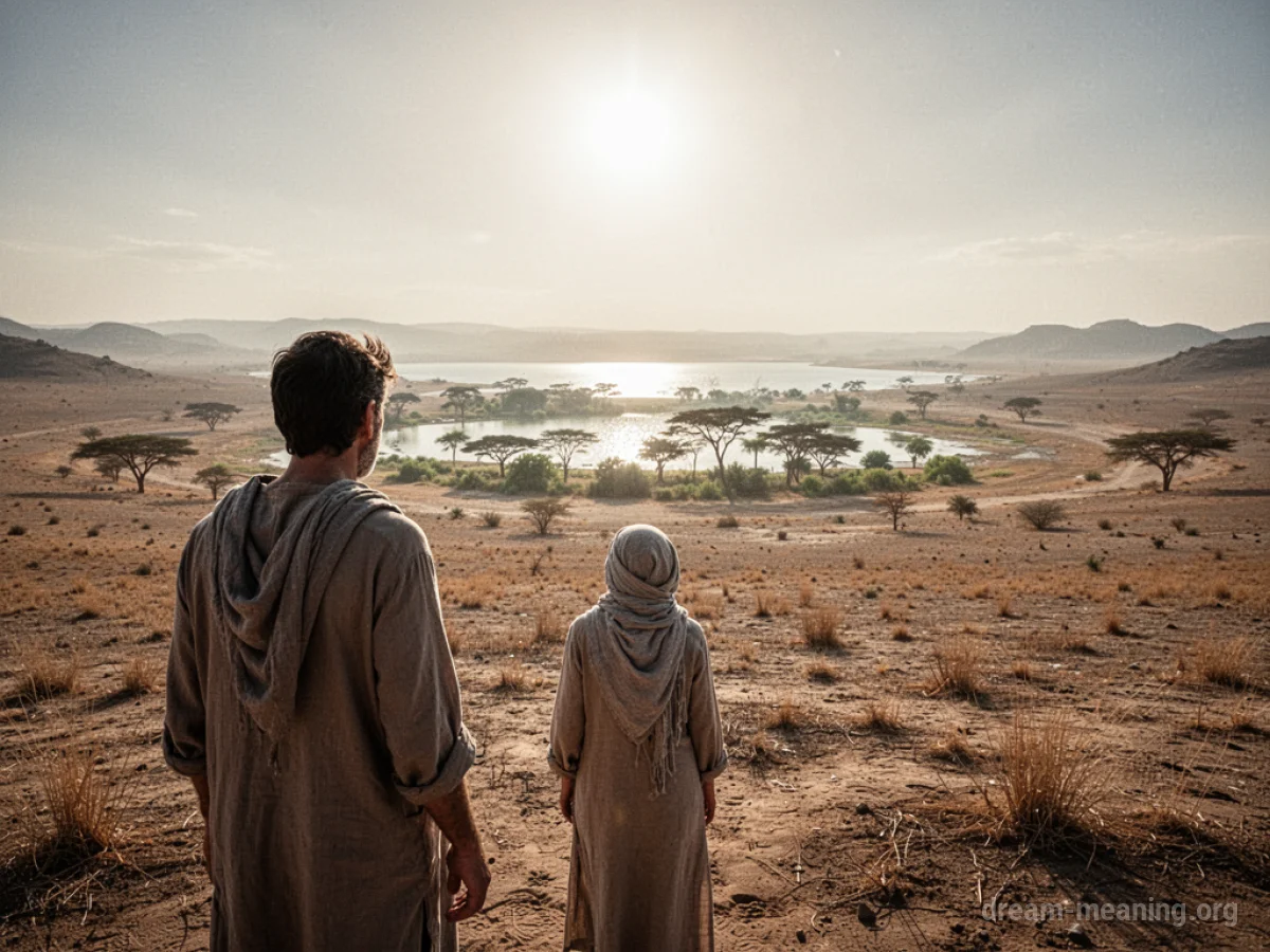 A solitary figure standing in a barren desert, gazing at a faint shimmer of water on the horizon.