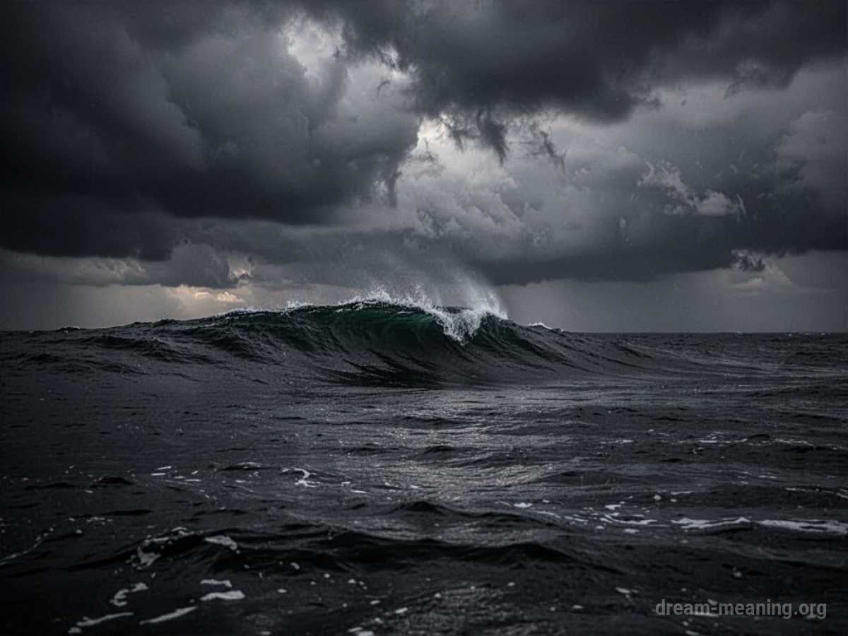 A large, dark wave approaching a distant shore under a grey, cloudy sky.