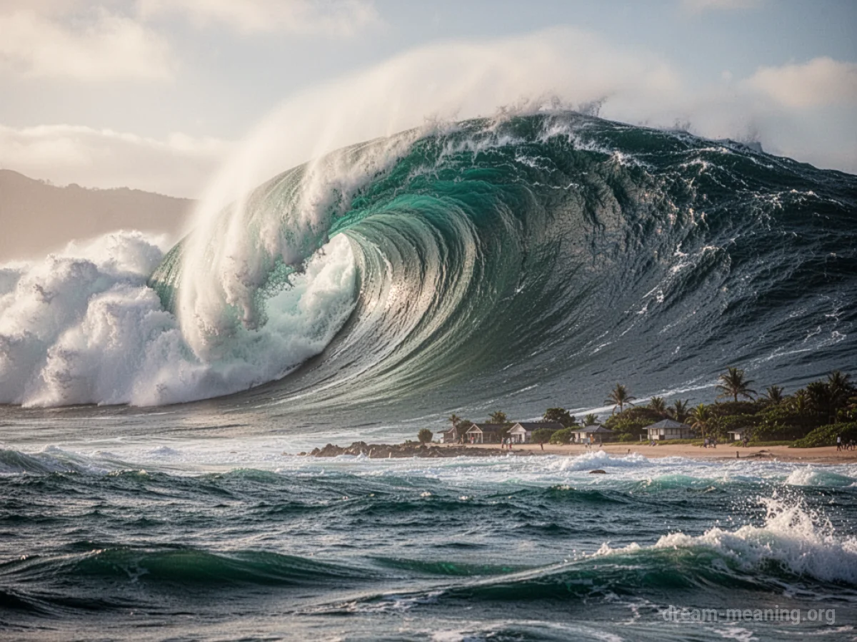 A colossal wave approaching a shoreline.