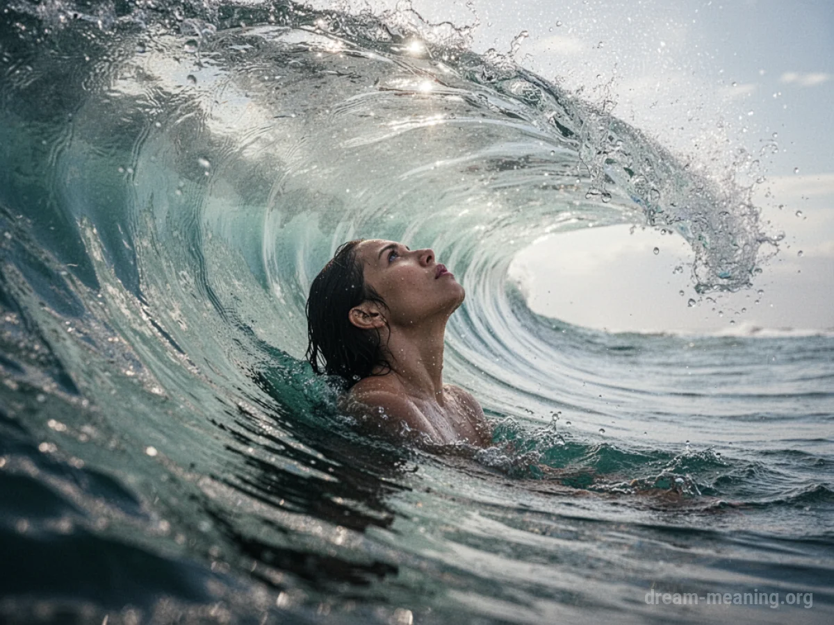 A person's head and shoulders visible just below the surface of a powerful wave.