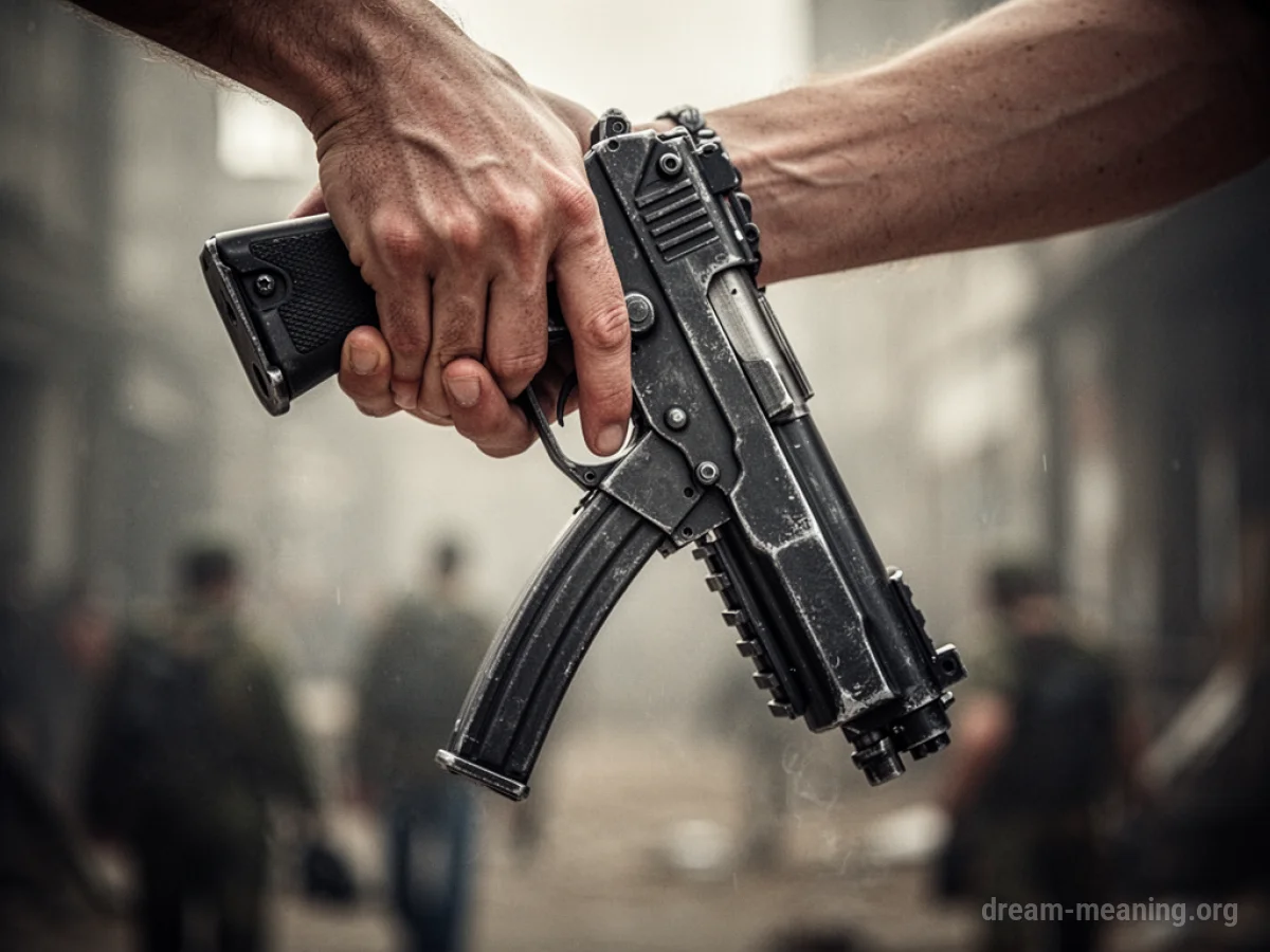 A hand holding a gun, pointed away from the viewer.