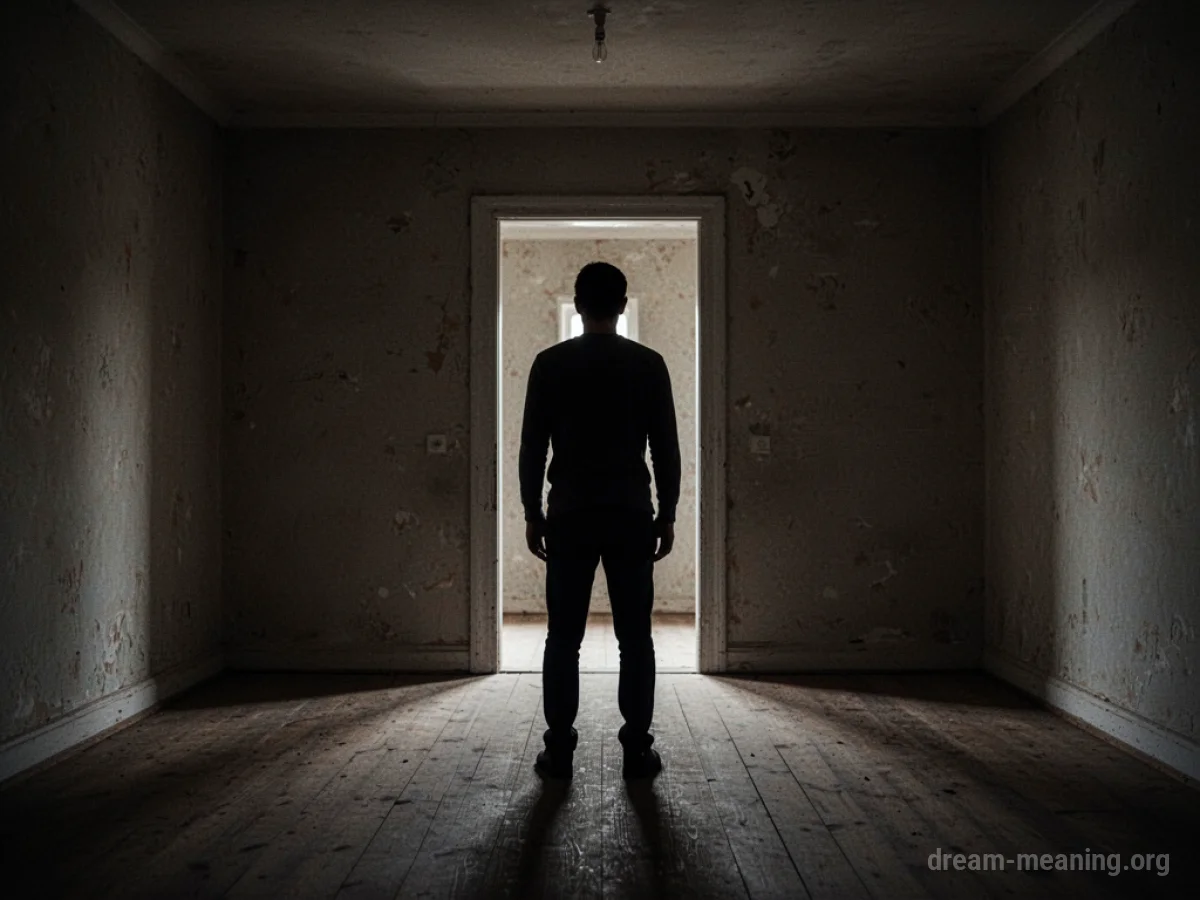 Silhouette of a person in a dark room facing a doorway.