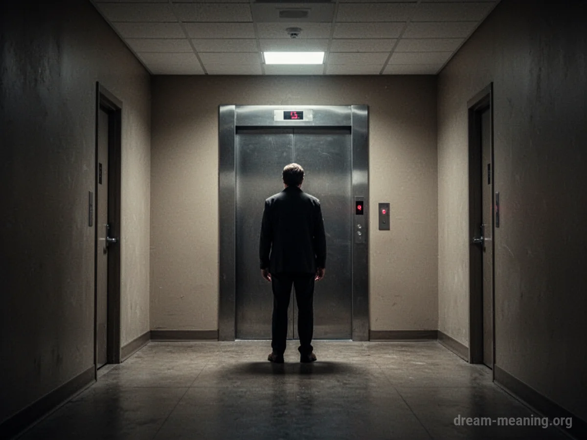 A person stands in a hallway facing a closed elevator door.