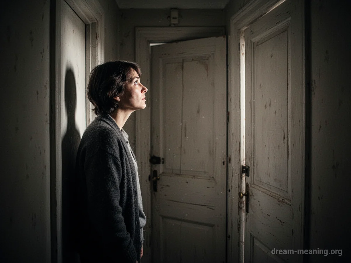 A person standing in front of a closed door.